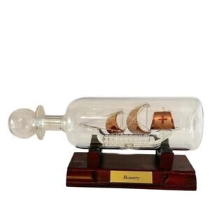 VTG Artistic Glass Mayflower Collection Ship In A Bottle “Bounty” Wood Base 8"